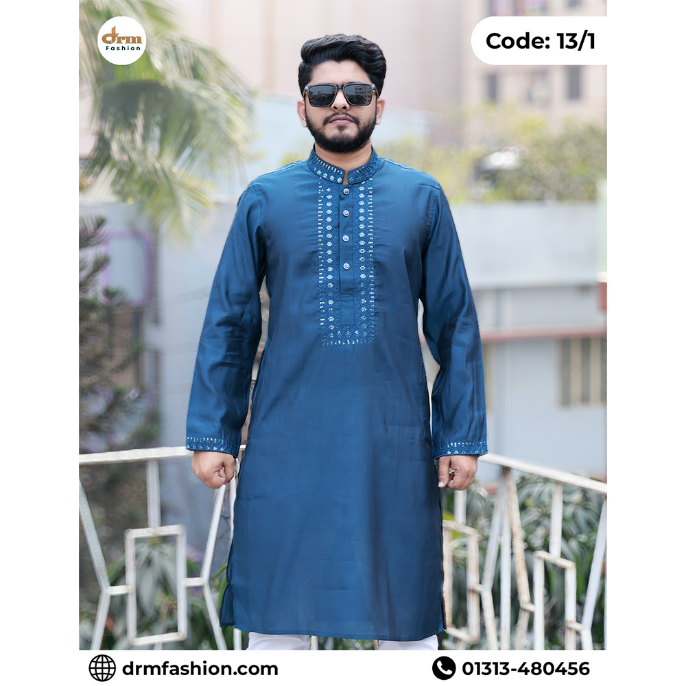 Sea Green Classic Panjabi with Hand-Style Embroidery | Code: 13/1