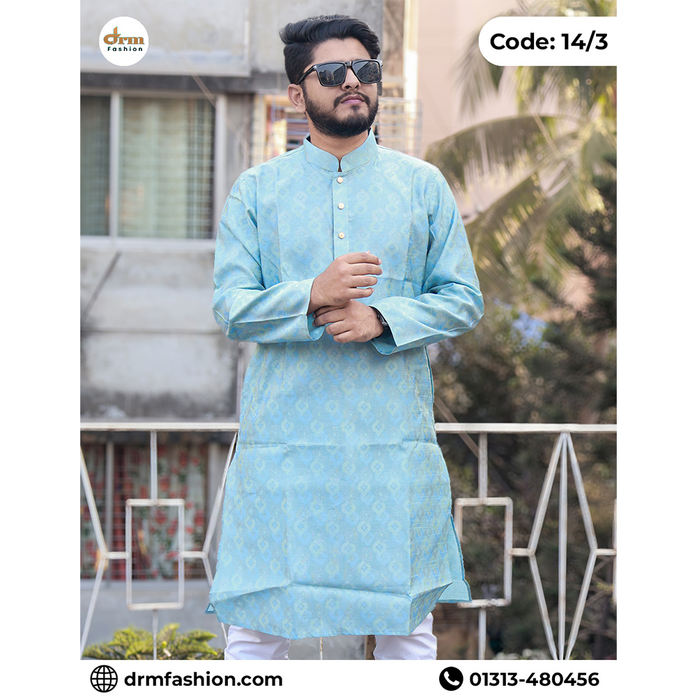 Sky Blue Jacket-Print Panjabi with Soft Woven Motif Finish | Code: 14/3