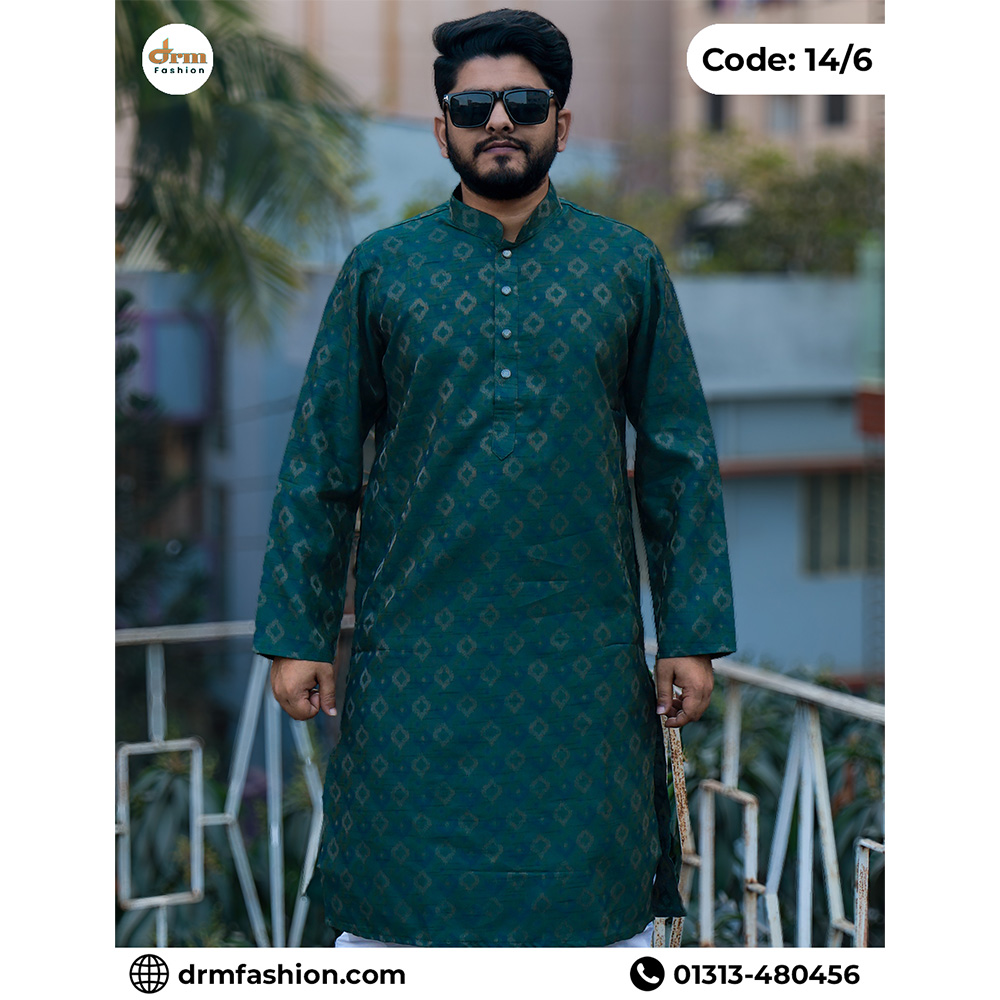 Bottle Green Jacket-Print Panjabi with Woven Motifs | Code: 14/6