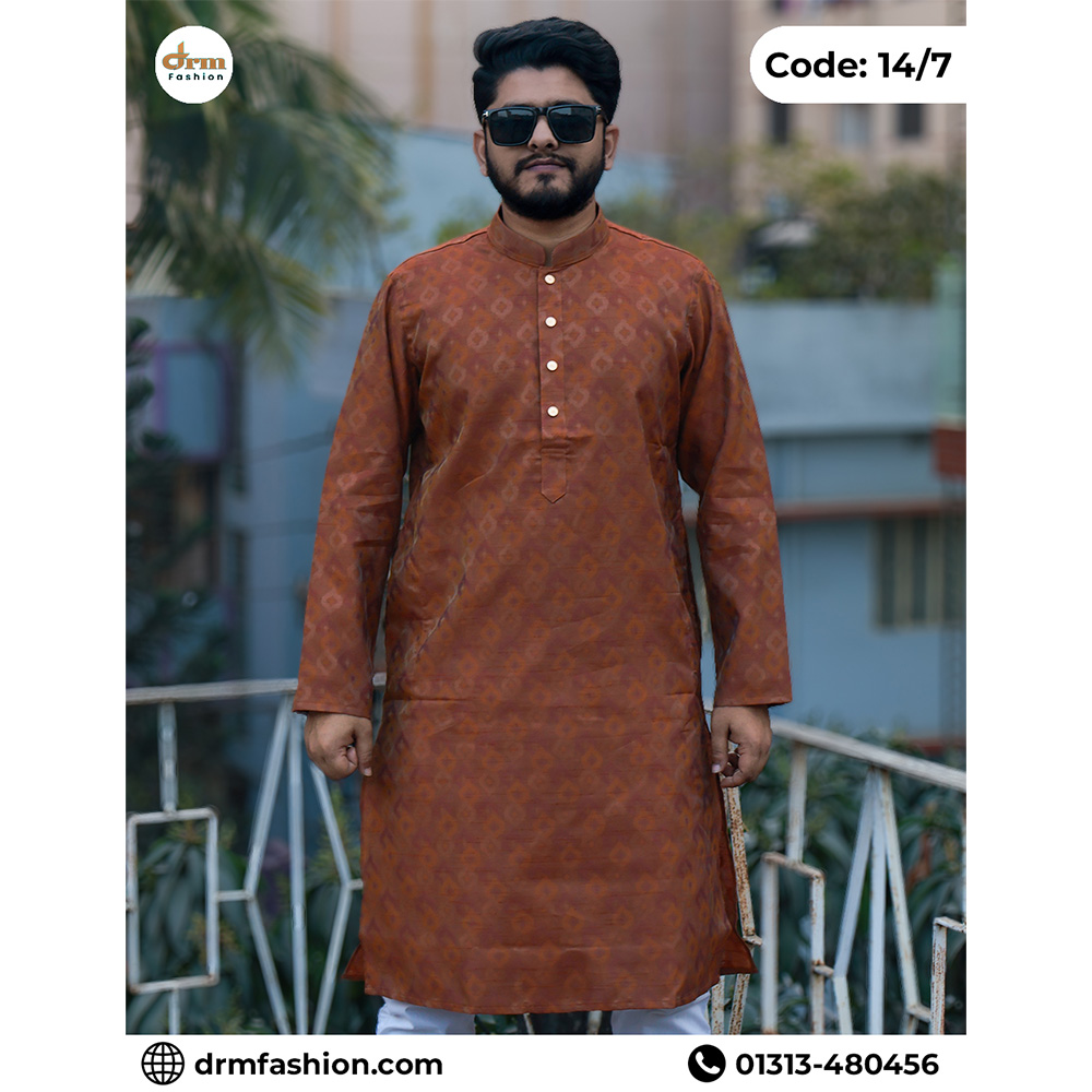 Deep Brown Jacket-Print Panjabi with Traditional Woven Motifs | Code: 14/7