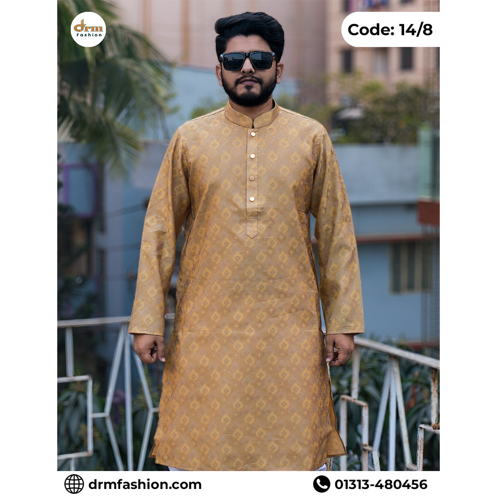 Golden Wood Jacket-Print Panjabi with Elegant Woven Pattern | Code: 14/8