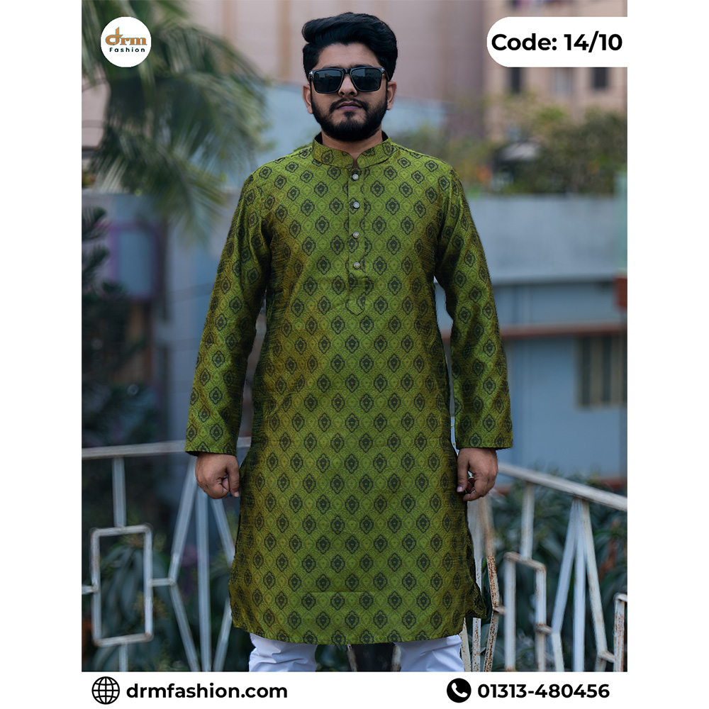 Olive Green Jacket-Print Panjabi with Classic Woven Pattern | Code: 14/10