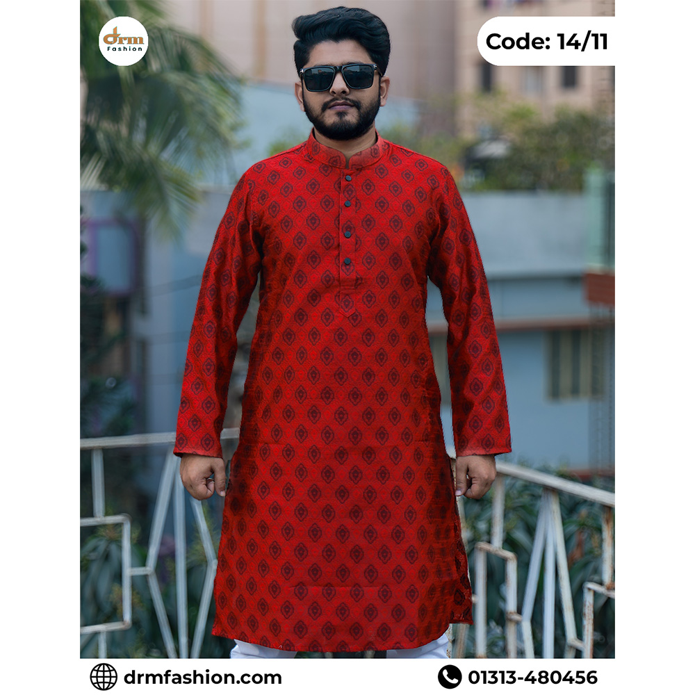 Royal Red Jacket-Print Panjabi with Bold Woven Motifs | Code: 14/11