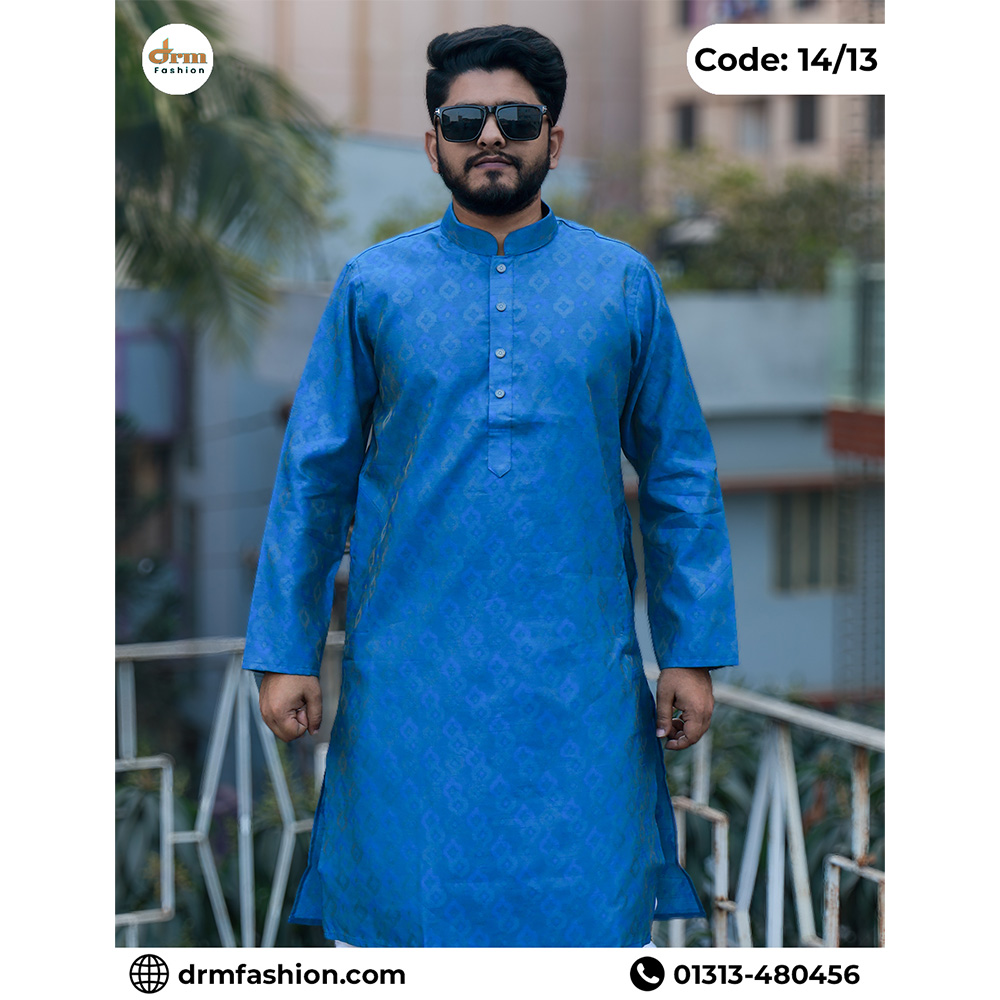 Blue Jacket-Print Panjabi with Subtle Woven Motifs | Code: 14/13