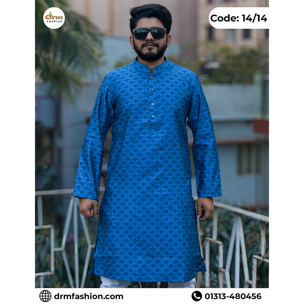 Blue Jacket-Print Panjabi with Geometric Woven Texture | Code: 14/14