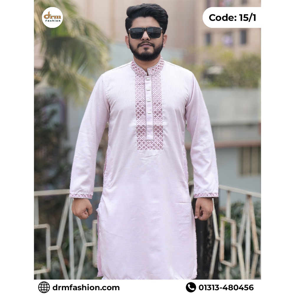 Light Pink Embroidered Panjabi with Elegant Neck Detailing | Code: 15/1