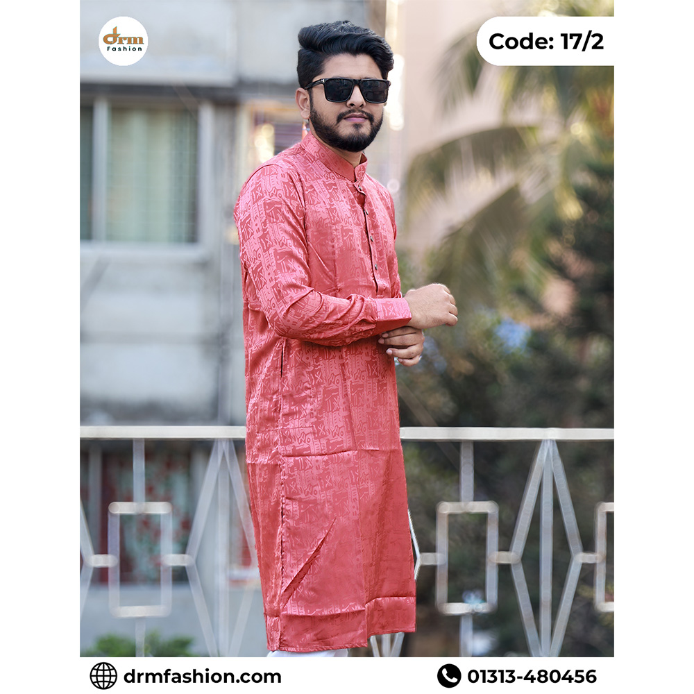 Royal Coral Red Patterned Panjabi with Modern Textured Design | Code: 17/2