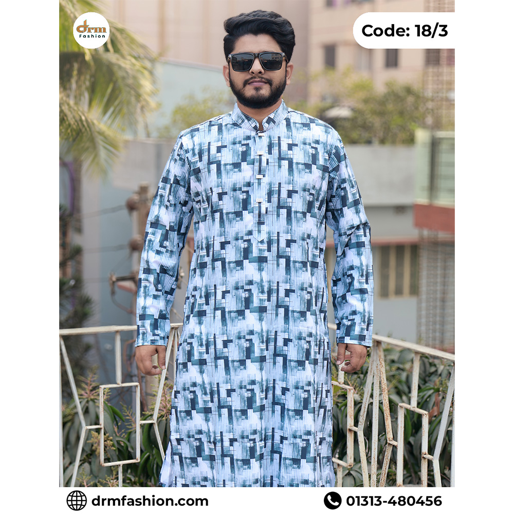 Elegant Blue Abstract Pattern Panjabi for Men | Premium Printed Design | Code: 18/3