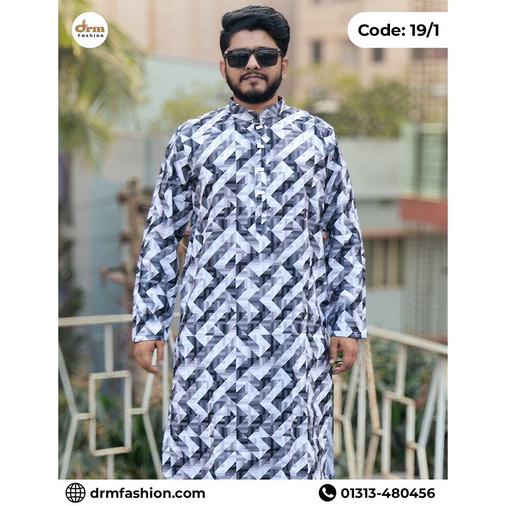 Modern Grey Geometric Printed Panjabi for Men | Premium Abstract Design | Code: 19/1