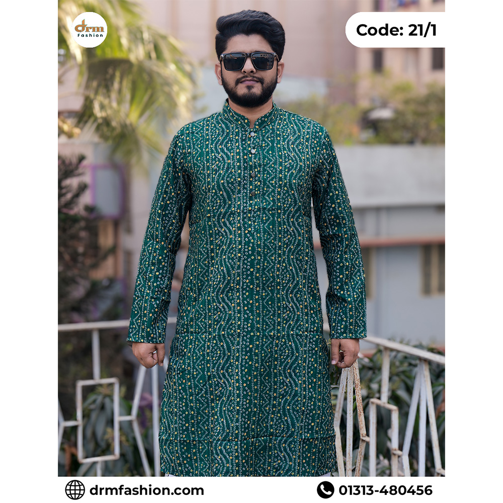 Premium Green Indian Printed Sequence Panjabi for Men | Festive Luxury Design | Code: 21/1