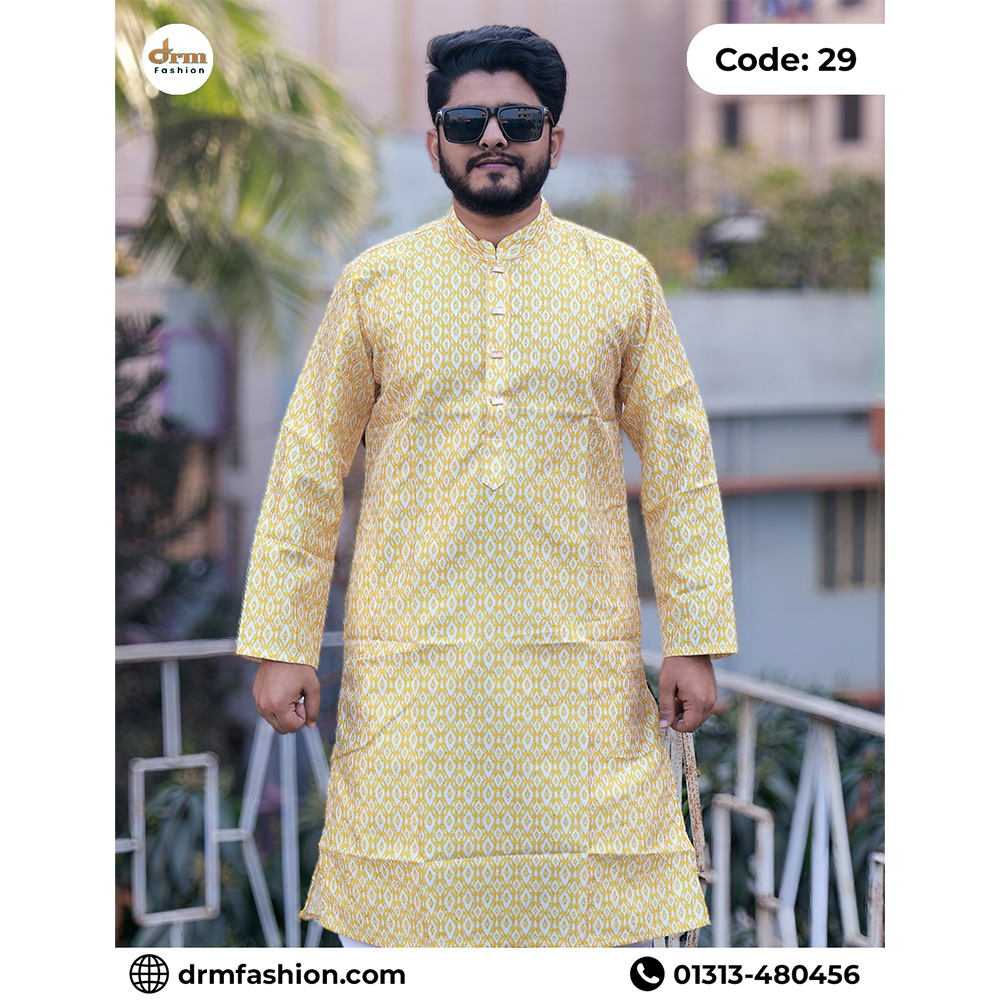 Premium Mustard Yellow Micro Geometric Printed Panjabi for Men | Elegant Festive Wear | Code: 29