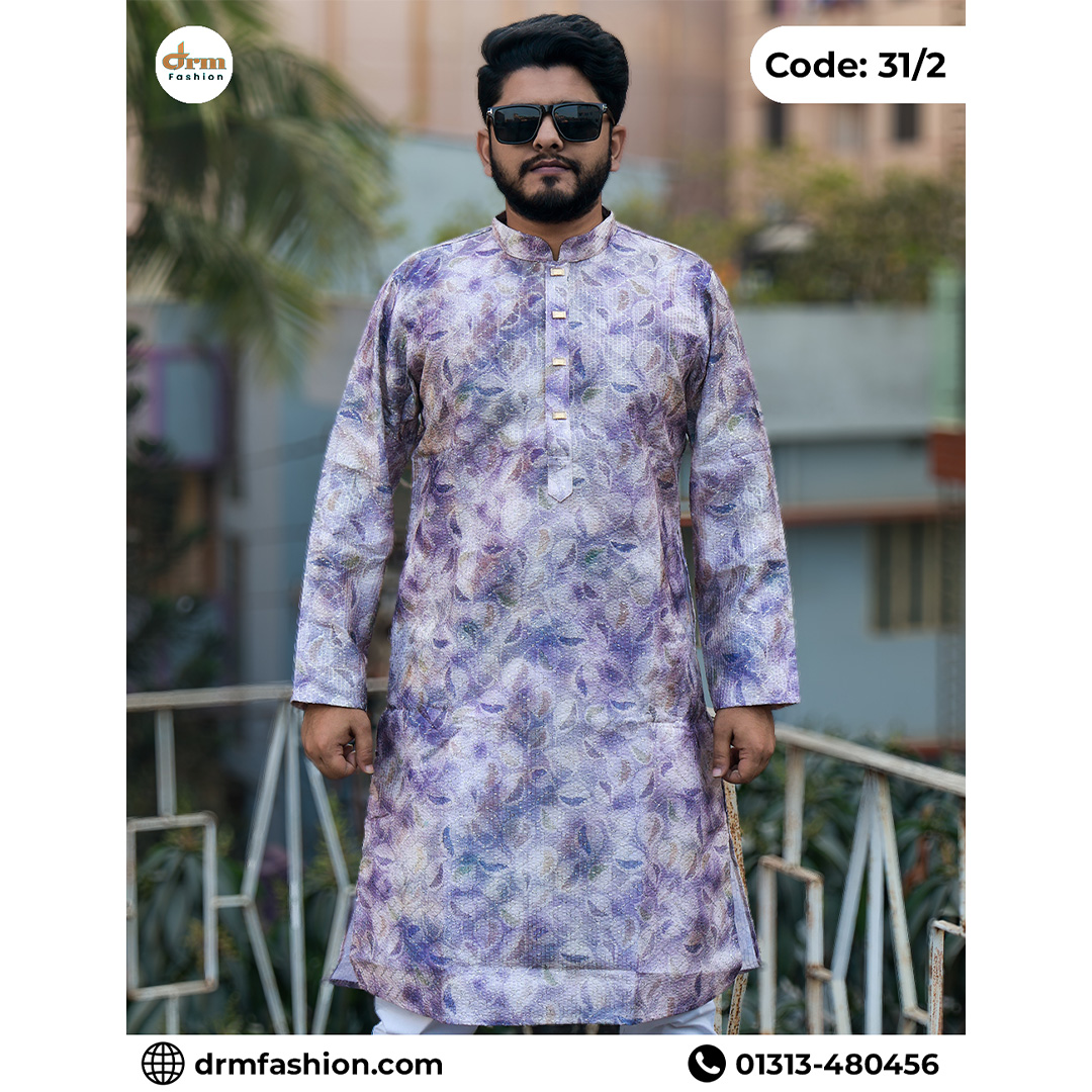 Premium Purple Floral Pattern Panjabi for Men | Stylish Festive Ethnic Wear | Code: 31/2