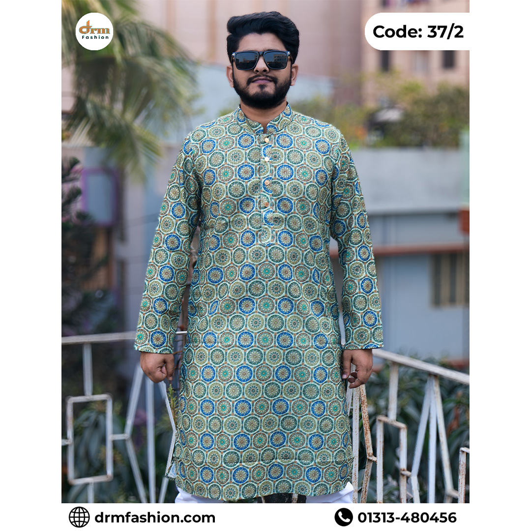 Premium Blue-Green Circular Motif Panjabi for Men | Festive Luxury Panjabi | Code: 37/2