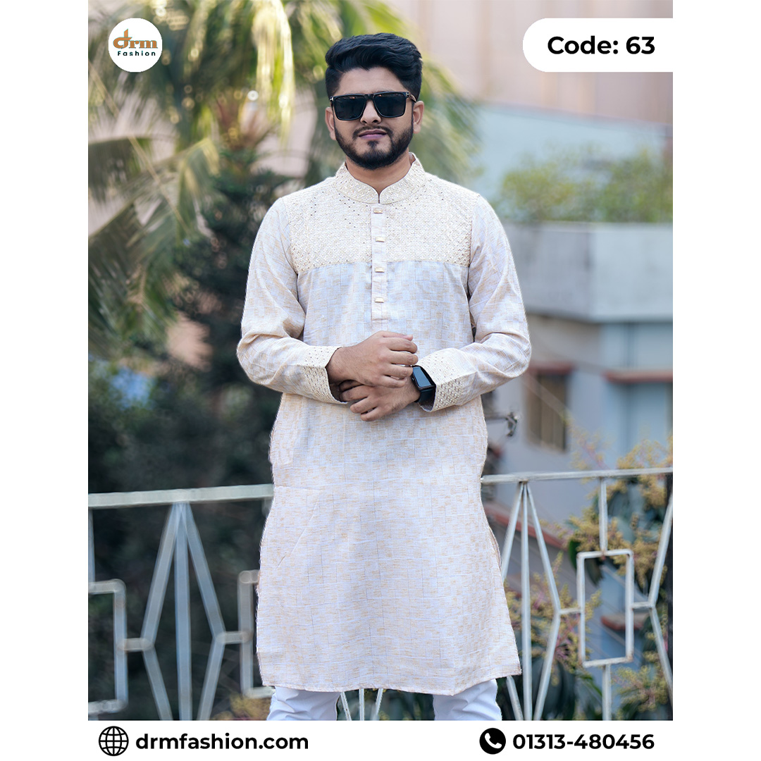 Premium Cream Embroidered Panjabi for Men | Elegant Festive Panjabi | Code: 63
