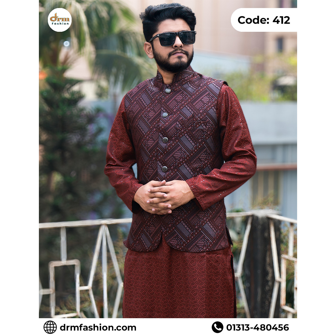 Luxury Maroon Designer Waistcoat for Men | Premium Nawabi Outfit | Code: 412