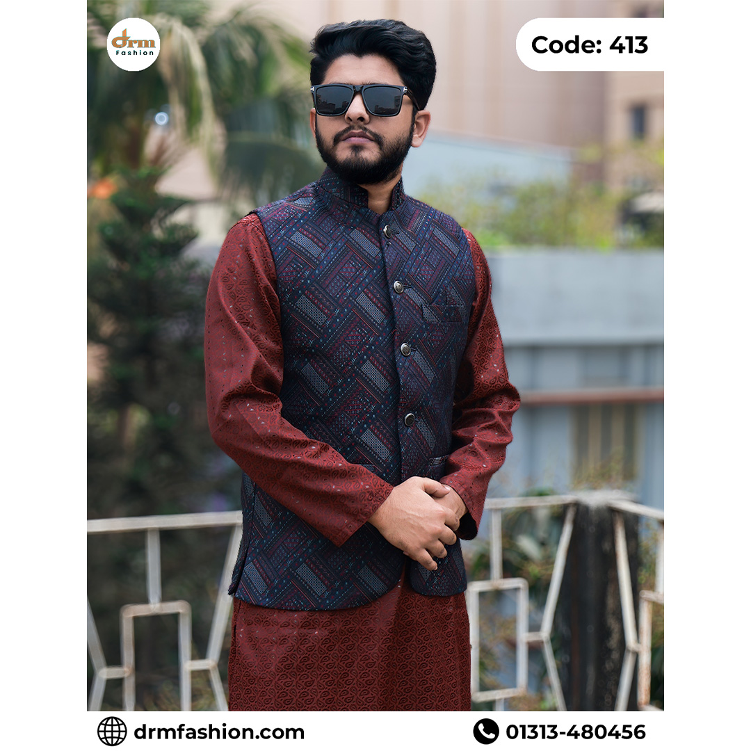 Luxury Navy Designer Waistcoat for Men | Premium Eid Outfit | Code: 413
