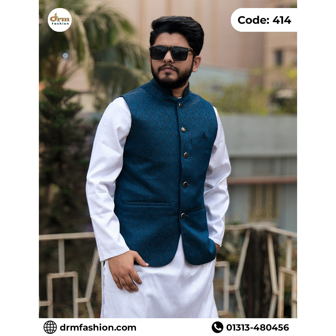 Premium Teal Blue Designer Waistcoat for Men | Elegant Eid Outfit | Code: 414