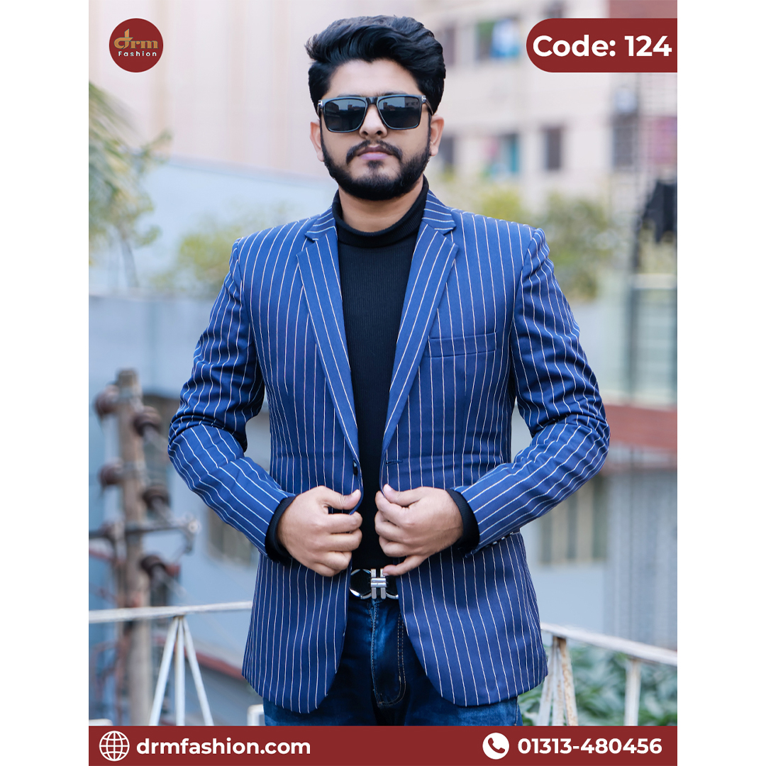 Navy Blue Striped Premium Blazer for Men | Stylish Party & Formal Wear | Code: 124