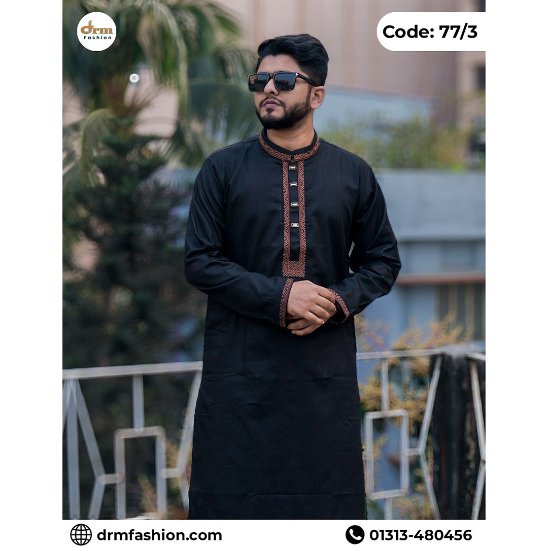 Premium Black Designer Panjabi – Elegant Embroidered Ethnic Wear | Code-77/3