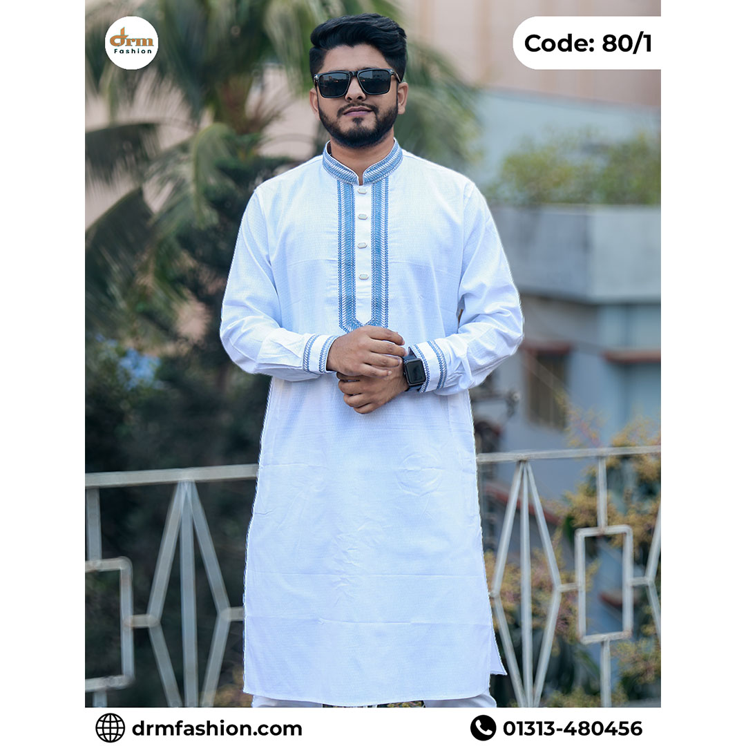 Premium White Embroidered Panjabi – Luxury Traditional Eid Wear | Code-80/1